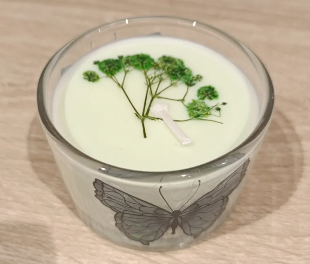  Bougie artisanale vert pâle dans un verre transparent de 110 grammes, décoré d’un papillon gris et vert, avec de petites pousses végétales séchées incrustées dans la cire autour de la mèche.